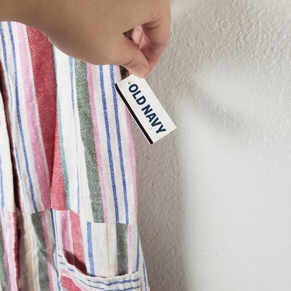 Women's Old Navy Linen Blend Vertical Strip Summer Spring Button Up Dress XS - Picture 2 of 11